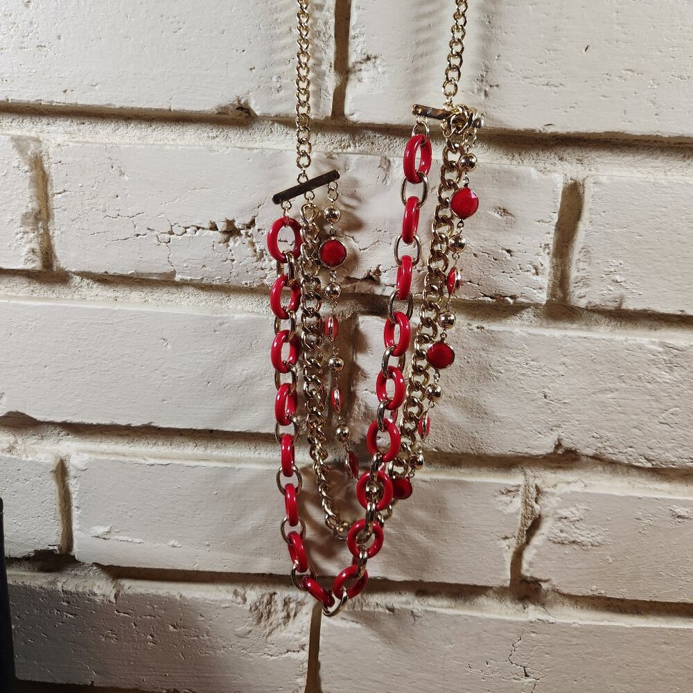 New Womens Chunky Red & Gold Tone Necklace 22""